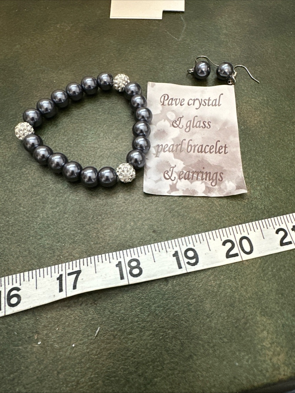 Pave Crystal & Glass Pearl Bracelet and Earring Set - Metallic Gray